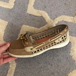 Tan and Gold Sperry Topsiders with mesh detail 9.5